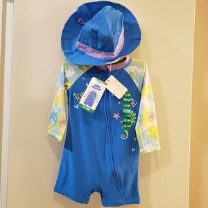 NWT Tommy Bahama Baby Blue Seahorse Swim Set w/ Long-sleeved one-piece & Sun Hat